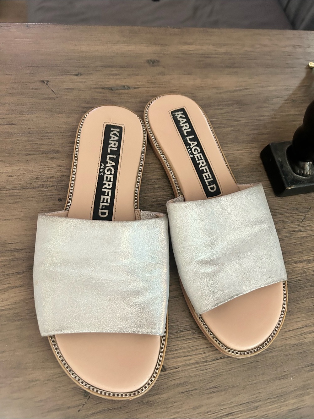 Karl Lagerfeld Metallic Champagne Slide Sandals for Women